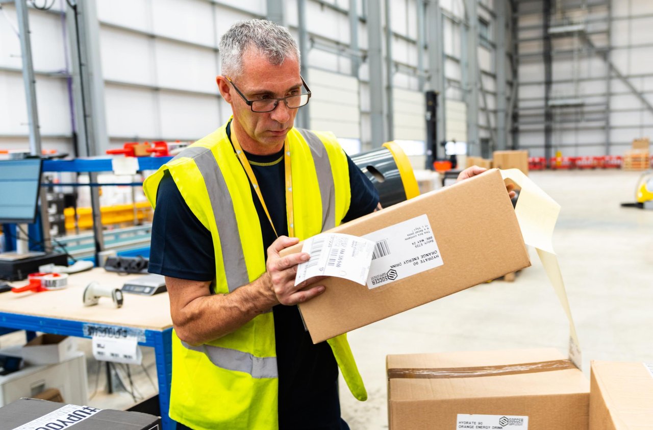 A fulfilmentcrowd worker handles a parcel in the warehouse